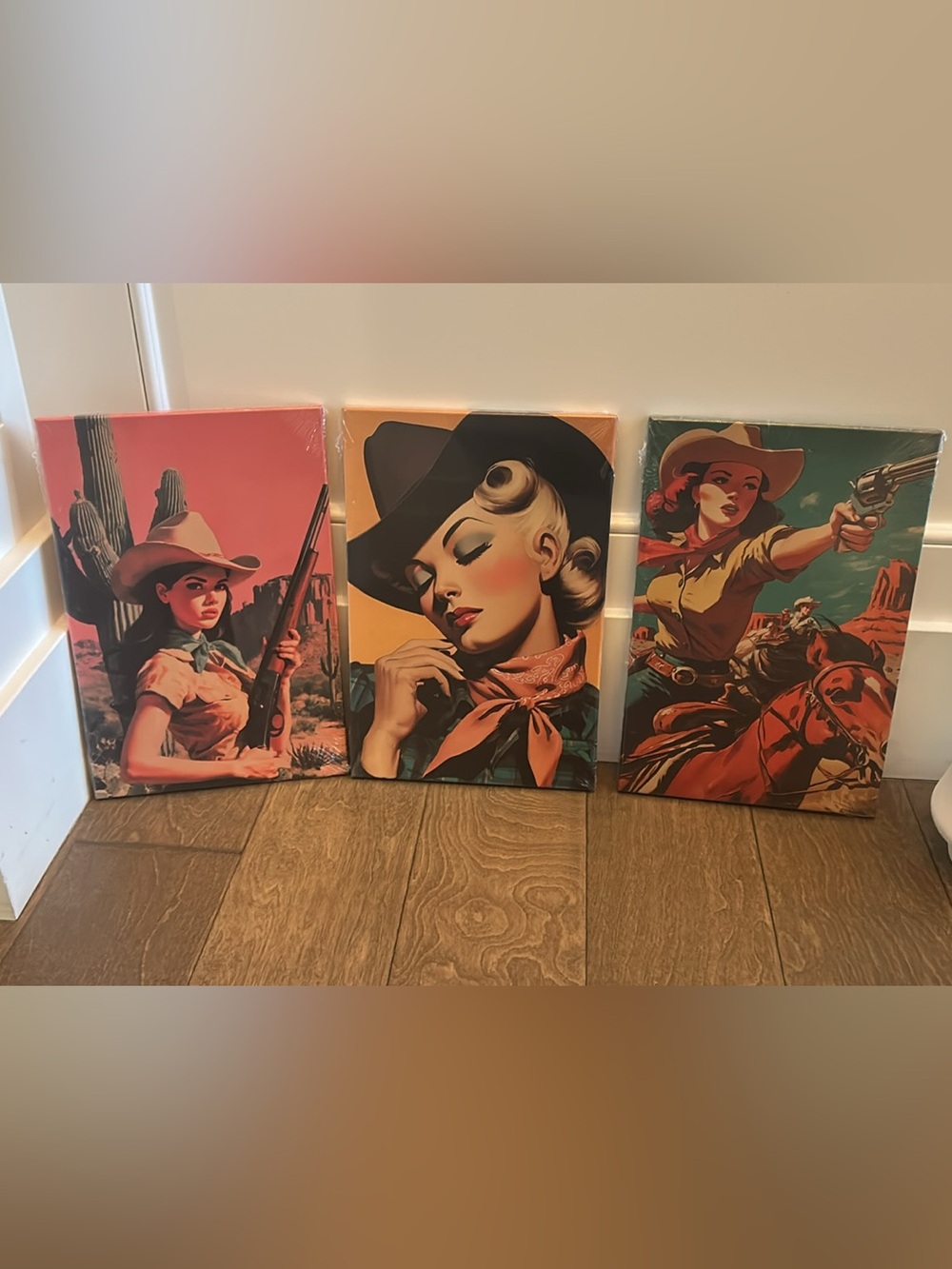 Retro Cowgirl Canvas Art Trio - Bold Teal, Coral & Gold Tones